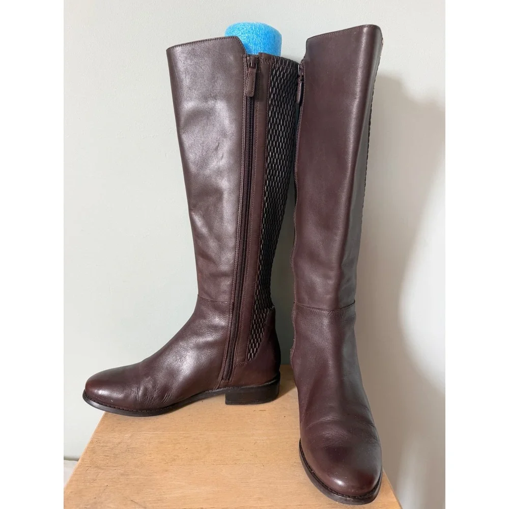 Cole Haan Rockland Brown Leather Woven Stretch Back Tall Riding Boots Size 6